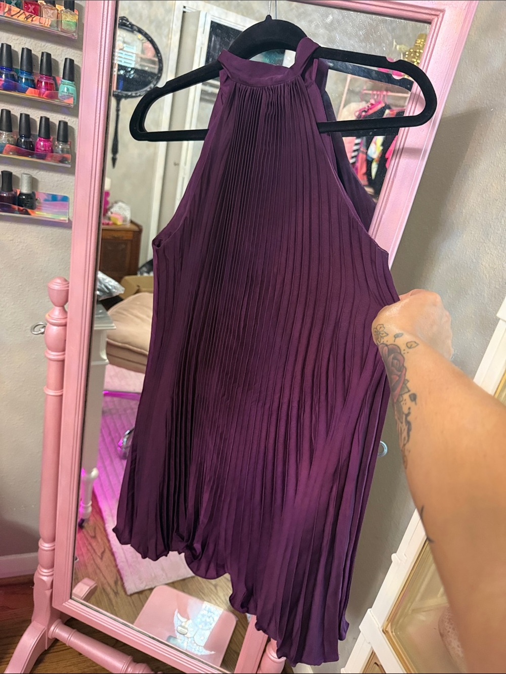 Banana Republic Pleated Halter Mini Dress in Deep Plum